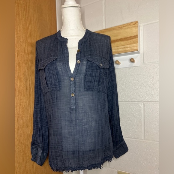 Free People Talk To Me Blue Plaid Gauzy Popover Shirt Size S - Picture 2 of 5